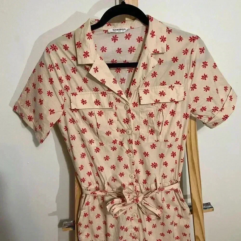 Glamorous Stone red Daisy tie waist button front jumpsuit US size 6 ￼ - Picture 4 of 12